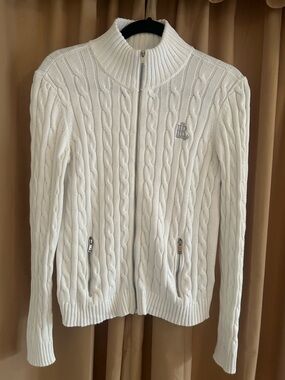 Lauren Ralph Lauren White Cable Knit Crest Sweater Black Label Sz Med EUC